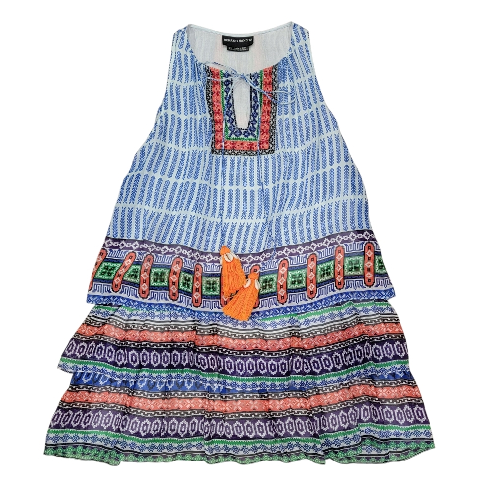 Hemant & Nandita Silk Tiered Mini Dress Bohemian Beaded Embellished Women’s XS